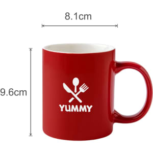 A red ceramic mug with a white logo featuring a fork and spoon, measuring 8.1cm in diameter and 9.6cm in height.