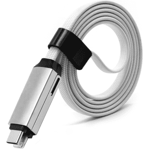 A long, grey 3-in-1 charging cable with a sturdy connector and a strap for organisation. It has a branding logo.