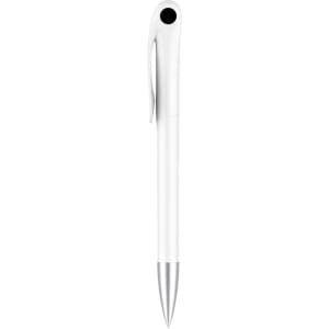 A creamy white barrel pen with a silver tip and a clip, featuring a logo on the barrel.