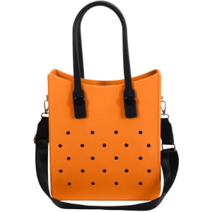 An orange tote bag with black handles and polka dot holes, featuring a removable shoulder strap.