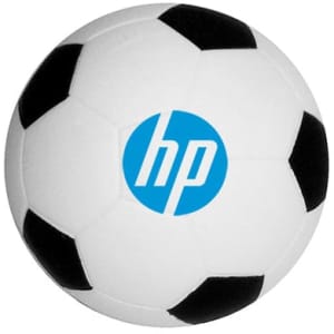 A 63mm football-shaped stress reliever in white and black, featuring a logo on the surface.