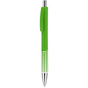 A green plastic pen with a silver tip and clip. The pen features a vibrant colour barrel design.