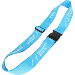 A blue woven luggage belt with a buckle and a logo, designed to secure bags during travel.