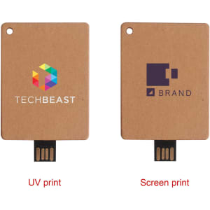 An eco-friendly brown flash drive with a USB connector, featuring two printed logos on its surface.