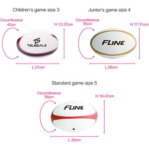 A training rugby ball set featuring three sizes: children’s (size 3), junior (size 4), and standard (size 5), all with white and coloured accents.