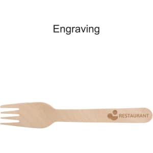 A wooden fork with a smooth finish, featuring a logo engraving. The fork is light in colour and disposable.