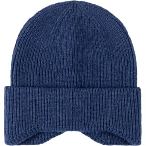 A ribbed earflap beanie in a navy blue colour, featuring a fold-over design. It has a simple logo on the side.