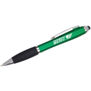 A green stylus pen with a black grip and a silver clip, featuring a logo on its body.