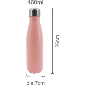 A drink bottle made of recycled stainless steel, featuring a pink double-wall design and a silver lid.