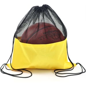 A yellow drawstring mesh backpack with a black top, featuring a basketball inside. It has a logo on the bag.