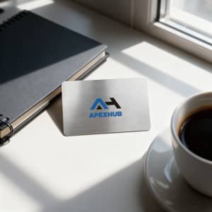 A stainless steel business card with a logo, resting on a table near a notebook and a coffee cup.