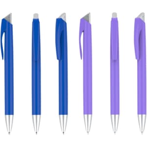 A collection of plastic pens in blue and purple, featuring a sleek design and silver accents, with branding visible.