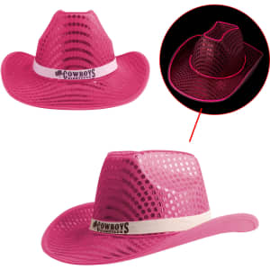 A light pink sequin cowboy hat featuring a white band and logo. The sequins create a sparkly effect.