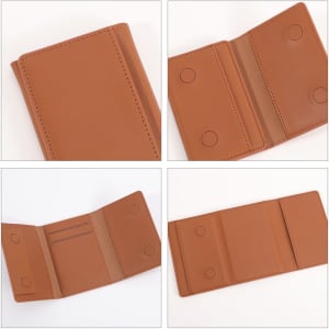 A brown PU magnetic wallet with multiple sections and circular magnets for secure closure. It has a simple, sleek design.