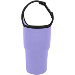A drink bottle holder pouch in purple with a black strap and a logo.