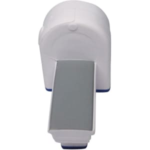 A white and grey stress reliever shaped like a scanner machine, featuring a flat base and rounded top.