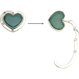 A heart-shaped, green foldable desk hook with a shiny silver frame and a curved hook design.