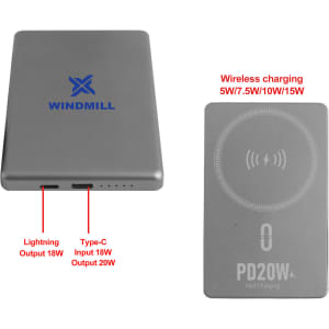 A silver 5000mAh aluminum power bank with USB ports and a wireless charging pad, featuring a logo.