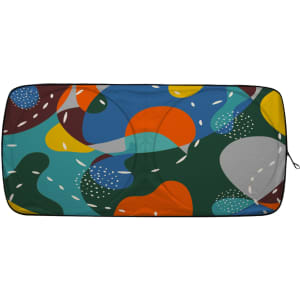 A vibrant twin circular reflective car sunshade featuring abstract patterns in blue, orange, green, and brown shades.