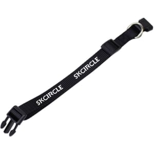 A black dog collar with adjustable features and a metal ring, featuring a logo.