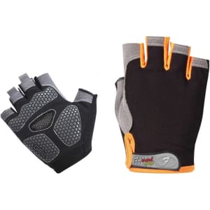 Anti-slip bike gloves in black with grey and orange accents. Features padded palm and open-finger design.