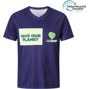 A unisex adult V-collar tee shirt in navy blue featuring a logo and sustainability-themed text.