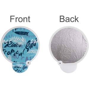 A foldable fan featuring a blue tropical design on one side and a reflective silver surface on the other.