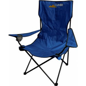 A large, foldable portable camping chair in blue with black trim and a mounted drink holder. It features a logo.