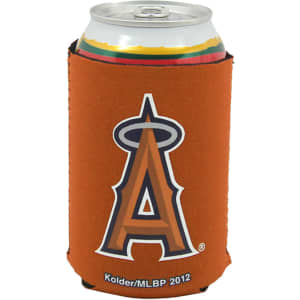 A drink can held in an orange foldable stubby holder featuring a logo.
