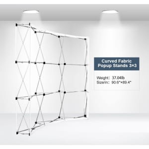 Curved fabric popup display stand in white, featuring a lightweight, collapsible frame with a prominent logo.
