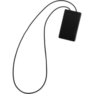 A black ABS retractable card holder with a silicone strap. Features a slim rectangular design and a retractable cord.