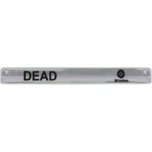 A reflective slap band in clear colour with black text and a logo.