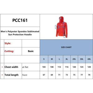 A red polyester spandex hoodie designed for sun protection, featuring a hood and a logo. Size chart included.