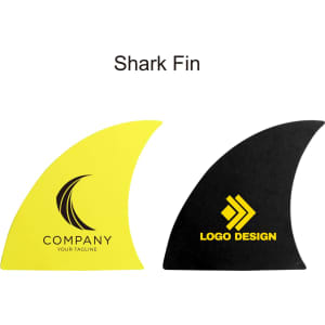 Two surfboard fins, one in bright yellow with a logo and text, and another in black with a different logo.