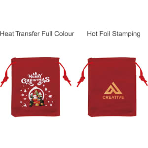 Red Christmas drawstring gift bags featuring festive designs and a logo on one side.