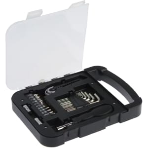 A tool kit featuring a variety of screwdrivers and bits in a black and clear case.
