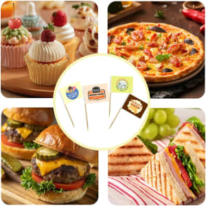 A pack of 100 coated paper flags in various colours, featuring design elements for food presentation.
