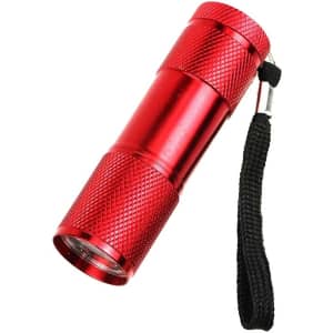 A red portable LED torch with a textured surface and a black strap for easy carrying. It also features a logo.