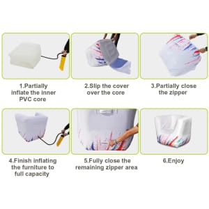 Instructions for assembling an inflatable one-seat sofa, featuring steps for inflating and securing the PVC cover.