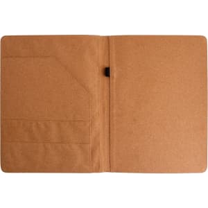 A4 cork folder featuring a textured tan exterior, an inner pocket, and a sleek, minimalistic design.