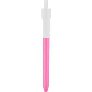 A pink and white click pen featuring a transparent barrel and a smooth writing tip.