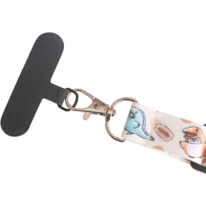 An adjustable phone lanyard featuring a colourful design and a metal clip for attachment. It has a textured black strap.