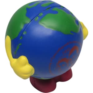 A cartoon-style stress reliever shaped like Earth, featuring blue and green colours with yellow and red accents.