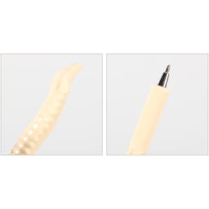 A pen designed to resemble a spine, featuring a creamy white colour and a silver nib. The product has a simple logo.