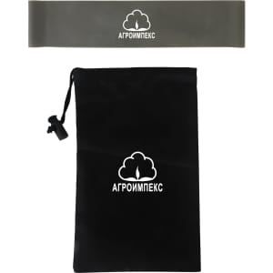 A grey latex fitness resistance band and a black drawstring bag featuring a logo.