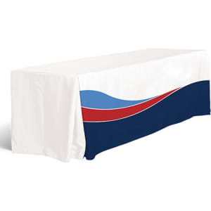 A 6ft table cloth featuring white, blue, and red pleats, with a logo on the front.