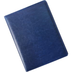 A4 business compendium in dark blue leather, featuring a logo or branding.