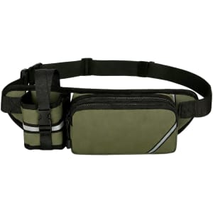 A drink bottle holder attached to an olive green fanny pack with a zipper compartment and adjustable strap.