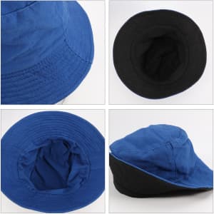 A blue and black custom cotton bucket hat featuring a wide brim and a soft interior. It has a logo on the exterior.