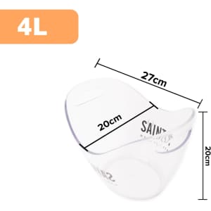 A transparent 4L ice bucket with rounded edges, measuring 27cm in width and 20cm in height, featuring a logo.